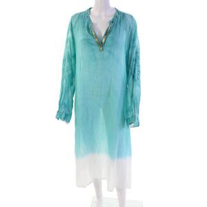 Naudic Womens Cotton Long Sleeve V-neck Long Ombre Dress Blue Size XL